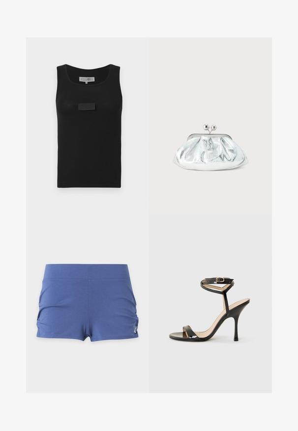 Débardeur noir côtelé avec un col arrondi et une étiquette centrale sur le devant. Confectionné dans un tissu doux avec une coupe ajustée.; Short de sport bleu pour femme avec une large ceinture et un froncé latéral subtil sur un fond uni.; Sandale à talons hauts en cuir verni noir avec une fine bride de cheville et une boucle, orteil ouvert et talon aiguille mince sur fond blanc.; Petit sac pochette métallique argenté avec un design arrondi et froncé, fermeture à clip avec deux boules argentées.