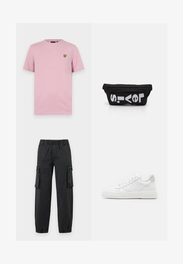 Roze t-shirt met korte mouwen, gemaakt van zachte stof, met een klein geel vlinderlogo dat op de linkerborst is geborduurd.; Zwarte cargobroek van textuurstof met een elastische tailleband en trekkoord. Voorzien van zijzakken en elastische boorden bij de enkels.; Witte leren sneakers met een gladde afwerking, ronde neus, platte veters en een gestructureerde zool. Grijze suède accent bij de hiel.; Zwarte stoffen tas met een platte vorm, voorzien van vet witte tekst. De ritssluiting bevindt zich aan de bovenkant, met een lus-detail aan één kant.