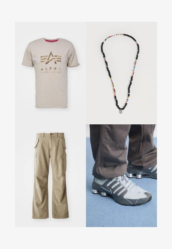 Béžové bavlnené tričko s logom "ALPHA INDUSTRIES" v kamuflážovom vzore, s piatimi horizontálnymi pásikmi navrchu, krátkymi rukávmi a okrúhlym výstrihom.; Béžové cargo nohavice vyrobené z odolného materiálu, s voľným strihom, viacerými bočnými vreckami a zosilnenými kolenami. Rovný predný dizajn.; Šedé a strieborné tenisky Nike Shox majú elegantný dizajn, kombináciu sieťoviny a syntetických materiálov, zaoblenú špičku a polstrovaný golier.; Náhrdelník s striedavými čiernymi a farebnými korálkami, s malými striebornými krúžkami a obdĺžnikovým priehľadným príveskom.