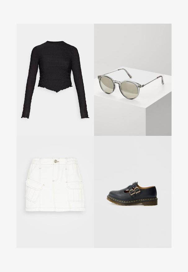 Haut noir à manches longues avec un tissu texturé et froncé, doté d'un col rond et d'un ourlet ondulé. Le matériau semble léger et extensible.; BDG Urban Outfitters SKIRT - Jupe en jean - white; Chaussure en cuir noire avec deux brides à boucles, présentant des détails perforés, un bout arrondi et un accent de couture jaune autour de la semelle.; Lunettes de soleil rondes avec des montures grises transparentes et des verres teintés en gris. Éléments en métal sur les branches et bras courbés pour la stabilité.