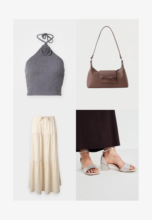 Haut halter gris en tissu texturé et côtelé. Présente un détail de nœud torsadé au niveau du col et des liens à l'arrière pour un ajustement réglable.; Jupe maxi beige à volants avec ceinture élastique et cordon de serrage, présentant un tissu fluide et froncé.; Sandales à talon bloc argentées ornées avec un bout ouvert et une sangle de cheville. Dispose d'une texture pailletée sur les sangles et d'une semelle beige.; Sac à bandoulière en cuir marron avec une poche à rabat avant ornée d'un détail en forme de nœud cousu et une sangle réglable.