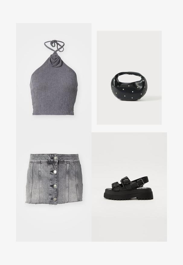 Šedý halter top s textúrovanou, brázdenou tkaninou. Má skrútený uzol na výstrihu a uväzovanie na chrbte pre nastaviteľné prispôsobenie.; Šedá džínová sukňa s vysokým pásom, piatimi striebornými gombíkmi, vertikálnym prešitím a surovým lemom. Má priliehavý strih a jemnú textúru.; Čierne platformové sandále s tromi nastaviteľnými prackami, textúrovanou podrážkou a hladkým vrchom. Navrhnuté s robustným a masívnym siluetou.; Čierna kožená kabelka s zaobleným tvarom, zdobená striebornými cvočkami a krátkym rúčkou. Hladká textúra a zapínanie na zips.