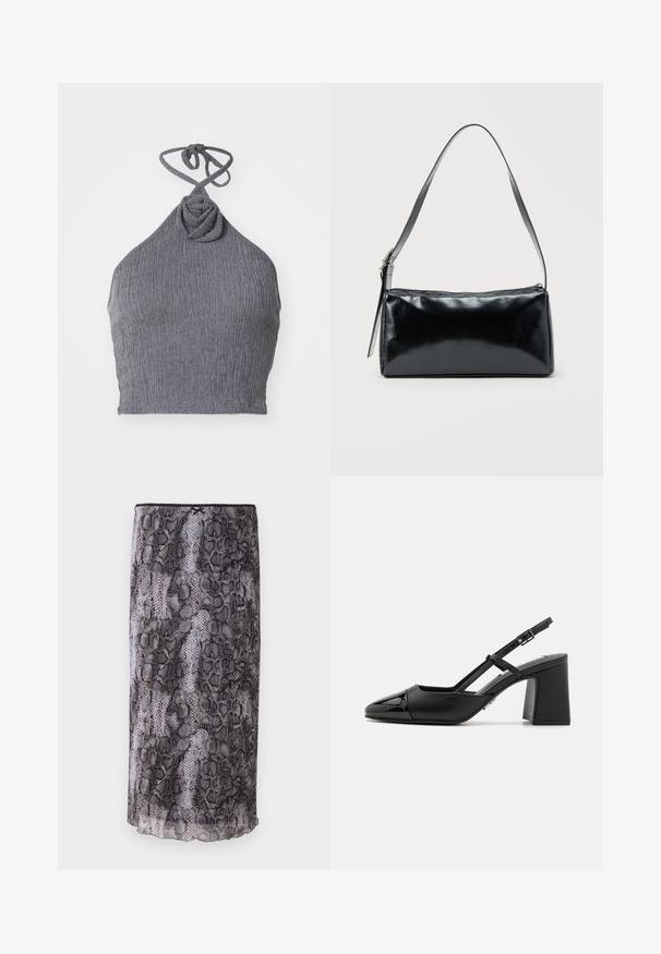 Grijze haltertop van een gestructureerde, ribbelstof. Bevat een gedraaide knoopdetail bij de halslijn en strikjes aan de achterkant voor een verstelbare pasvorm.; Zwart en grijs slangenprint pencil skirt met een sheer, textuurstof. Kenmerkt zich door een scalloped zoom en details aan de bovenrand.; Zwarte gepatineerde leren slingback hak met een spitse neus, blokhak en verstelbare band. Glad textuur en minimalistisch design.; Zwarte rechthoekige schoudertas met een enkele verstelbare band en een bovenste ritssluiting op een effen achtergrond.