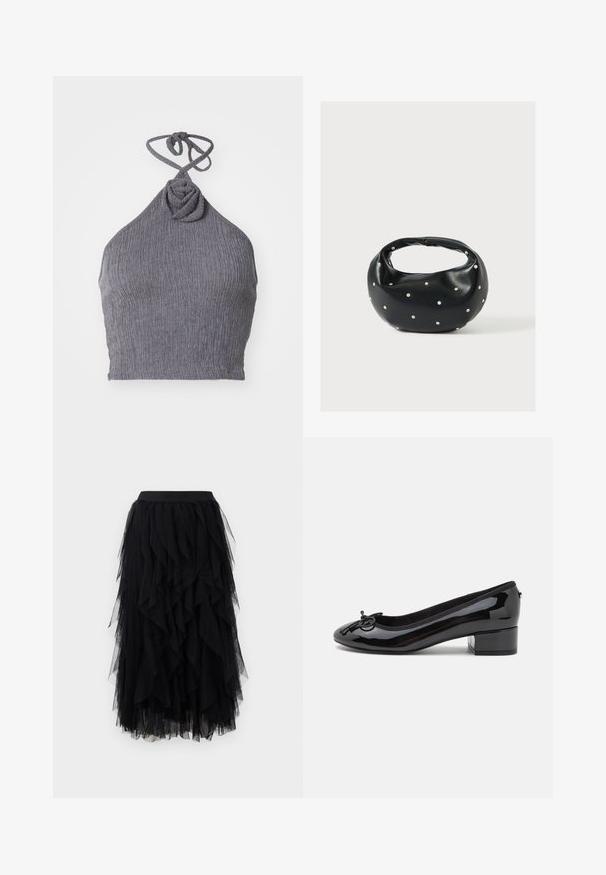 Haut halter gris en tissu texturé et côtelé. Présente un détail de nœud torsadé au niveau du col et des liens à l'arrière pour un ajustement réglable.; Jupe midi en tulle noir à plusieurs couches avec une taille ajustée et un ourlet asymétrique à volants.; Ballerines noires en cuir verni avec un bout rond, un petit talon bloc et un nœud décoratif à l'avant. Surface lisse et doublure rembourrée.; Sac à main en cuir noir de forme arrondie, décoré de clous argentés et équipé d'une poignée courte. Texture lisse et fermeture éclair.