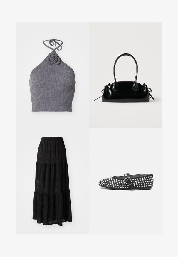 Haut halter gris en tissu texturé et côtelé. Présente un détail de nœud torsadé au niveau du col et des liens à l'arrière pour un ajustement réglable.; Jupe maxi noire en tissu texturé, avec un design à volants, une taille froncée et de subtils motifs ondulés sur l'ensemble.; Chaussure plate noire à bout arrondi, dotée d'un design studded avec des accents métalliques et d'une sangle à boucle sur le cou-de-pied.; Petit sac à main noir brillant avec deux longues anses et des détails à cordon sur les côtés sur un fond clair uni.