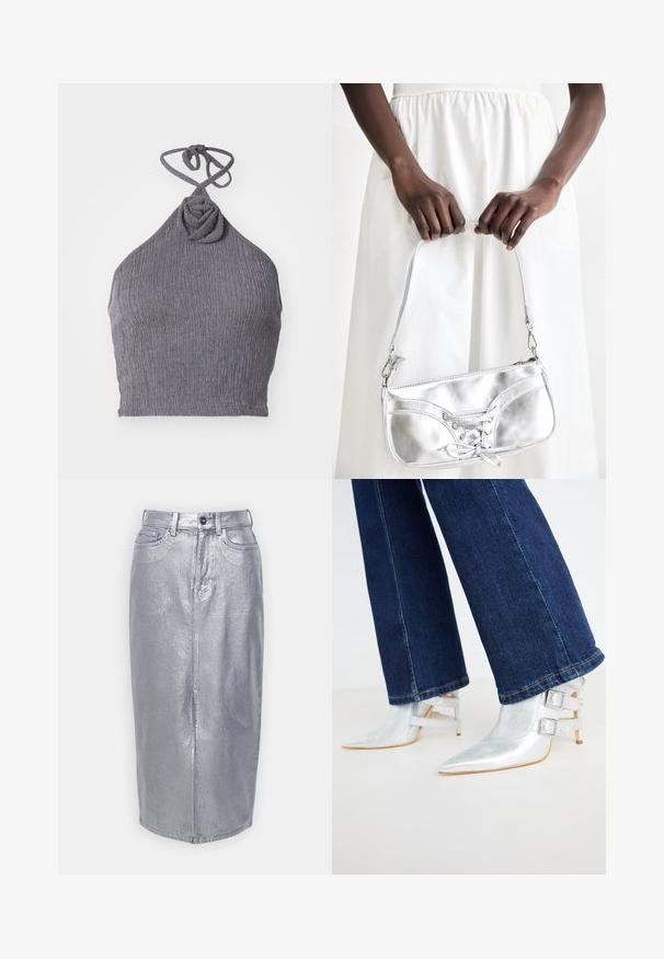 Grauer Haltertop aus strukturiertem, geripptem Stoff. Verfügt über ein verdrehtes Knotendetail am Kragen und Bänder am Rücken für eine verstellbare Passform.; Silberne Denim-Midiskirt mit tailliertem Bund, Knopfverschluss und seitlichen Taschen. Glatte, metallische Textur mit geradem Schnitt.; Silberne, metallische Knöchelstiefel mit spitzem Zeh und zwei Riemen mit Schnallen. Getragen mit dunkelblauen, leicht ausgestellten Jeans.; Silberne metallische Handtasche mit Schnürdetail, die ein elegantes Design und einen kurzen Tragegurt aufweist. Die Tasche wird in den Händen gehalten und zeigt ihre Textur.