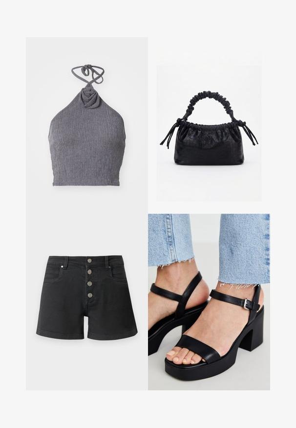 Grijze haltertop van een gestructureerde, ribbelstof. Bevat een gedraaide knoopdetail bij de halslijn en strikjes aan de achterkant voor een verstelbare pasvorm.; Zwarte denimshorts met vier zichtbare metalen knopen aan de voorkant en voorzakken tegen een lichtgrijze achtergrond.; ALDO CELIE - Sandalen met hoge hak - black; Zwarte handtas met krokodillenstructuur, geplooide bovenrand, samengevoerde handgreep en koordtassels aan elke kant tegen een witte achtergrond.