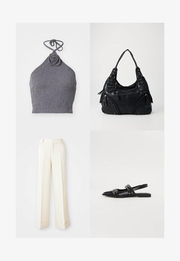 Top halter gris con un tejido texturizado y acanalado. Presenta un detalle de nudo retorcido en el escote y lazos en la parte posterior para un ajuste regulable.; Pantalones de pierna ancha beige con una textura suave, pliegues frontales y puños doblados. Presentan trabillas para cinturón y cierre con cremallera.; Even&Odd Bailarinas con tira trasera - black; Bolso de mano de cuero negro con asas dobles, bolsillos con cremallera en la parte frontal y detalles de remaches metálicos, situado contra un fondo liso claro.