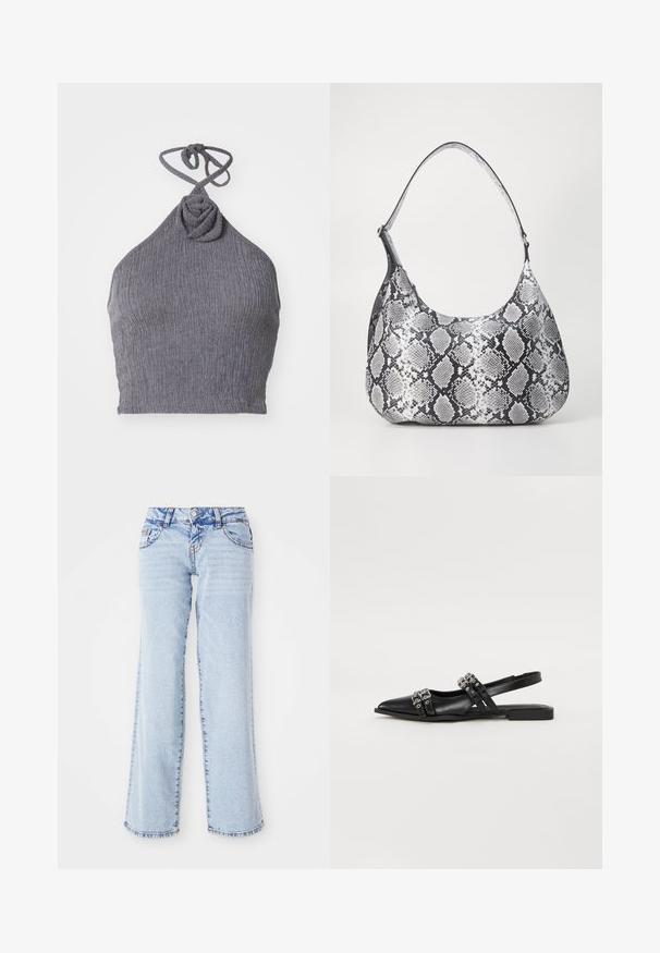 Šedý halter top s textúrovanou, brázdenou tkaninou. Má skrútený uzol na výstrihu a uväzovanie na chrbte pre nastaviteľné prispôsobenie.; Svetlomodré džínsy s uvoľneným strihom, rovnými nohavicami a jemným vyblednutím. Obsahujú päť vreciek a pútka na opasok. Zatrhnutý okraj.; Even&Odd by Zalando Balerínky na šnúrky - black; Mäkká čierna a biela taška cez rameno s hadím vzorom zaobleného tvaru, hladkou textúrou a zakriveným popruhom. Obsahuje akcenty zo strieborného kovu.