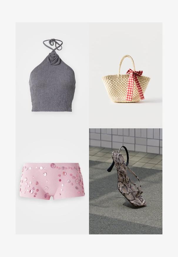 Grå halterneck-top med en tekstureret, ribbet stof. Har en snoet knude-detalje ved halsen og snore bagpå for justerbar pasform.; Lyserøde ribbede shorts prydet med forskellige størrelser af skinnende lyserøde knapper spredt over stoffet.; Højhælet sandal med slangeskindsprint og tynde stropper, stående på asfalt nær fliset brostensbelægning.; Flettet stråtaske med fletninger til håndtagene og et rødt og hvidternet bånd bundet som en sløjfe på den ene side.