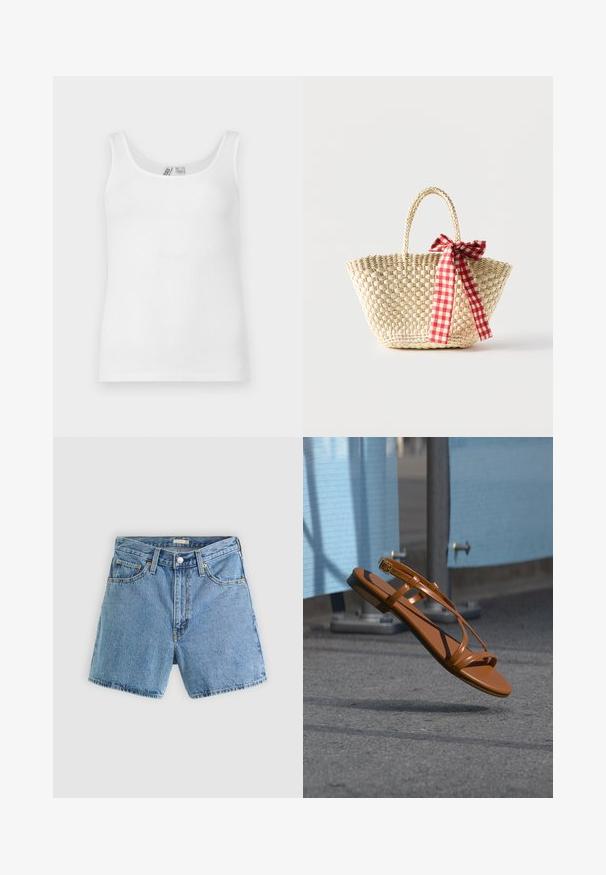 Hvid ribbet ærmeløs tanktop med rund halsudskæring, vist fladt mod en lys baggrund.; Lyseblå cowboyshorts med forreste knap og lynlås, bæltestropper og fem-lommer design mod en ensfarvet baggrund.; Brun lædersandal med tynde stropper og spænde, der svæver over en grå asfaltflade nær en blå barriere eller hegn.; Flettet stråtaske med fletninger til håndtagene og et rødt og hvidternet bånd bundet som en sløjfe på den ene side.
