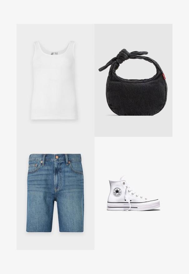 Hvid ribbet ærmeløs tanktop med rund halsudskæring, vist fladt mod en lys baggrund.; Denim shorts i lyseblå med klassisk skæring, fem lommer og kobberaccent for kontrast. Tekstureret, mellemvægtigt stof.; Hvid Converse Chuck Taylor All Star højt snøresko med sorte striber og logoemblem på siden, vist mod en ensfarvet hvid baggrund.; Lille sort denim skuldertaske med knyttet rem og lynlåslukning, med en rød Levi's stofetiket på siden.