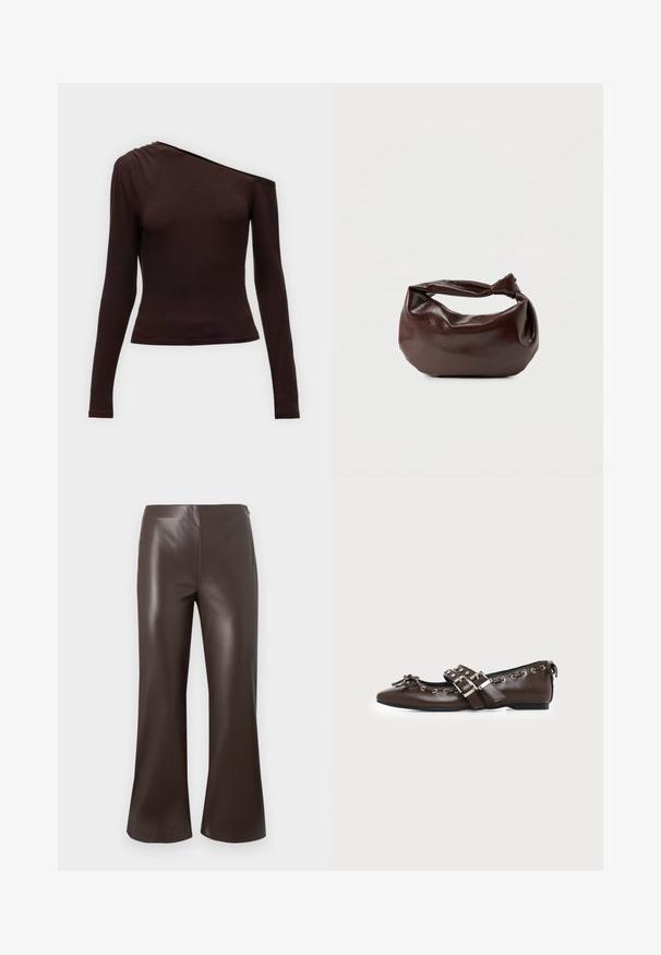 Haut à manches longues marron foncé avec une épaule dénudée et un détail de tissu froncé sur le côté de l'épaule couverte.; Pantalons évasés en simili cuir marron avec une taille haute et une texture lisse, présentant un design épuré et soigné avec de larges ouvertures de jambe.; Chaussure plate en cuir marron foncé avec bout pointu, doubles brides à boucles argentées, œillets métalliques et nœud décoratif à l'avant.; Sac bandoulière en cuir marron foncé avec une forme souple et décontractée et une anse nouée torsadée sur un fond blanc uni.