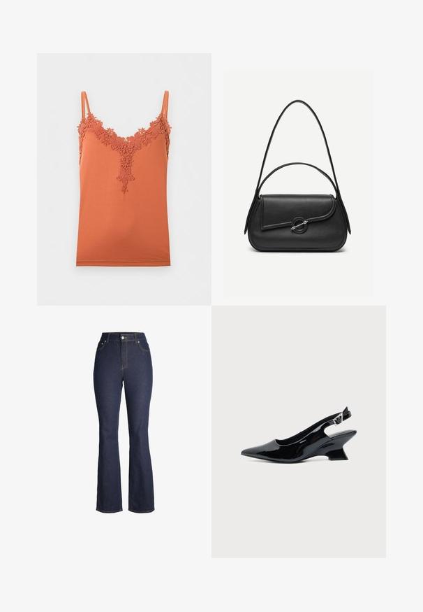 Camisole orange rouille avec fines bretelles et bordure en dentelle florale le long de l'encolure en V et du haut de la poitrine.; Jean denim bleu foncé taille haute avec bouton et fermeture éclair à l'avant, poches avant et jambes légèrement évasées.; Chaussure slingback en cuir verni noir avec bout pointu et petit talon bloc incliné sur fond clair uni.; Sac à main en cuir noir avec bords arrondis, rabat asymétrique, fermoir circulaire en métal, et des bandoulières courtes et longues.
