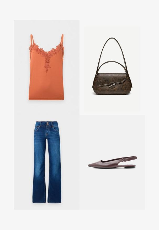 Camisola naranja oxido con tirantes finos y adorno de encaje floral a lo largo del escote en V y parte superior del pecho.; Jeans de pernera ancha en denim azul, con dos botones frontales, costuras naranjas y una textura suave. Diseño clásico de cinco bolsillos.; Zapato plano burdeos con punta en pico, trasera con tira ajustable y tacón bajo sobre fondo blanco.; Bolso de cuero texturizado marrón oscuro con dos asas, forma rectangular redondeada y cierre de broche circular plateado en la solapa frontal.
