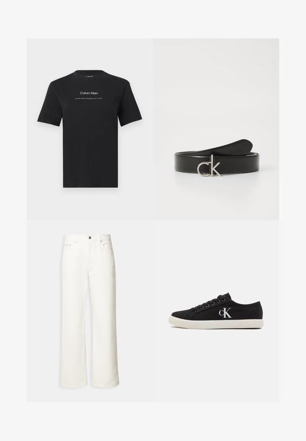 T-shirt noir à manches courtes avec col rond, portant le texte « Calvin Klein » et « Established Nineteen Sixty Eight » en blanc centré sur la poitrine.; Jean blanc à jambes larges avec boutons à l'avant, passants de ceinture et design à cinq poches.; Baskets en toile noires avec une semelle en caoutchouc blanche, bout rond et logo « CK » sur le côté. Design lacé pour un ajustement sécurisé.; Ceinture en cuir noir avec une boucle en argent brillant portant le logo "ck". Le design présente une texture lisse et une extrémité arrondie.