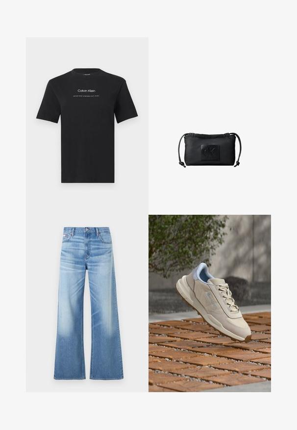 Μαύρο κοντομάνικο T-shirt με στρογγυλή λαιμόκοψη και λευκό κείμενο «Calvin Klein» και «Established Nineteen Sixty Eight» στο κέντρο του στήθους.; Calvin Klein Jeans LOW RISE BAGGY - Τζιν χαλαρής εφαρμογής - diamond cove; Μπεζ αθλητικό παπούτσι με ανάγλυφη υφασμάτινη επάνω επιφάνεια, ανοιχτό μπλε λεπτομέρειες και παχιά λαστιχένια σόλα με μικρές εξογκώματα για πρόσφυση.; Μικρό μαύρο πορτοφολάκι Calvin Klein με κορδονάκια σύσφιξης και στα δύο πλαϊνά και ανάγλυφο λογότυπο στο κέντρο μπροστά.