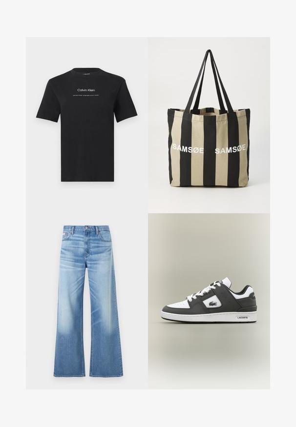 Camiseta negra de manga corta con cuello redondo, con el texto "Calvin Klein" y "Establecido en Mil Novecientos Sesenta y Ocho" en blanco centrado en el pecho.; Calvin Klein Jeans LOW RISE BAGGY - Vaqueros boyfriend - diamond cove; Zapatilla Lacoste en blanco y negro con cordones blancos, puntera perforada, logo de cocodrilo en el lateral y suela con marca sobre un fondo neutro.; Samsøe Samsøe FRINKA - Bolso shopping - black/greige