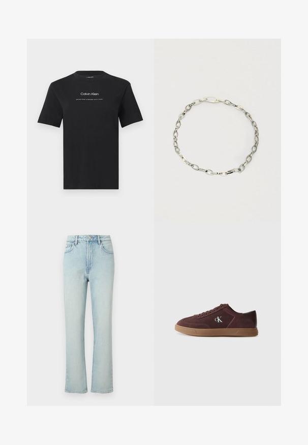 Zwart T-shirt met korte mouwen en een ronde hals, met witte tekst "Calvin Klein" en "Established Nineteen Sixty Eight" centraal op de borst.; Lichtblauwe jeans met hoge taille en rechte pijpen, met voorste knoop, riemlussen en klassiek ontwerp met vijf zakken tegen een effen achtergrond.; Calvin Klein Sneakers laag - bordeaux; Zilveren ketting gemaakt van in elkaar grijpende ovale schakels met een gepoleerde afwerking en een veilige sluiting, met een consistente textuur door het hele ontwerp.