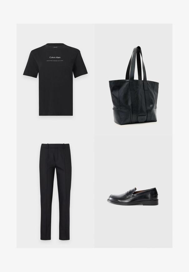Sort T-shirt med korte ærmer og rund hals, med teksten "Calvin Klein" og "Established Nineteen Sixty Eight" i hvidt centreret på brystet.; Sorte skræddersyede bukser med slim fit, glat front og to baglommer. Lavet af glat stof med fin syning langs sømmene.; Sorte læder loafers med en rund tå, syninger og en lav blokhælhæl. Glat tekstur med en subtil glans.; Sort lædertaske med to lange håndtag og subtil tekstureret overflade, stående oprejst mod en ensfarvet lys baggrund.