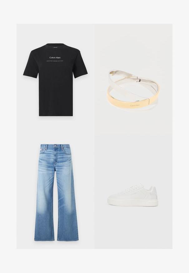 Camiseta negra de manga corta con cuello redondo, con el texto "Calvin Klein" y "Establecido en Mil Novecientos Sesenta y Ocho" en blanco centrado en el pecho.; Calvin Klein Jeans LOW RISE BAGGY - Vaqueros boyfriend - diamond cove; Zapatillas bajas blancas con suela plana, parte superior sintética suave, punta redonda y costuras tonales. Cuenta con cierre de cordones y branding lateral.; Pulseras metálicas pulidas entrelazadas en tonos plateados y dorados, una grabada con el logo "Calvin Klein", sobre un fondo blanco.