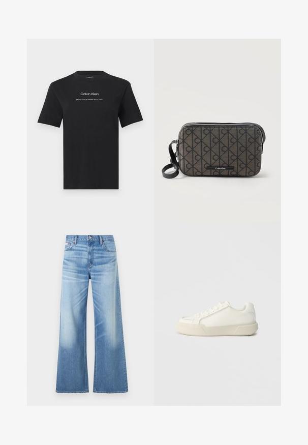 Camiseta negra de manga corta con cuello redondo, con el texto "Calvin Klein" y "Establecido en Mil Novecientos Sesenta y Ocho" en blanco centrado en el pecho.; Calvin Klein Jeans LOW RISE BAGGY - Vaqueros boyfriend - diamond cove; Zapatilla blanca de cuero suave, con puntera redondeada, cordones en la parte delantera y suela de goma gruesa con un diseño angular.; Bolso bandolera rectangular Calvin Klein con patrón de logo negro, cremallera negra y correa negra ajustable sobre fondo blanco.