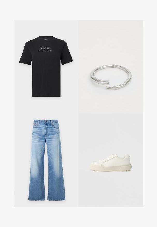 Čierne tričko s krátkym rukávom a okrúhlym výstrihom s bielym nápisom „Calvin Klein“ a „Established Nineteen Sixty Eight“ umiestneným v strede na hrudi.; Calvin Klein Jeans LOW RISE BAGGY - Džínsy voľného strihu - diamond cove; Biele tenisky vyrobené z hladkej kože, s okrúhlou špičkou, šnurovaním vpredu a hrubou gumovou podrážkou s ostrým dizajnom.; Calvin Klein SPIRAL - Náramok - silver-coloured