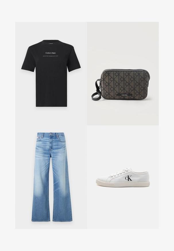 Čierne tričko s krátkym rukávom a okrúhlym výstrihom s bielym nápisom „Calvin Klein“ a „Established Nineteen Sixty Eight“ umiestneným v strede na hrudi.; Calvin Klein Jeans LOW RISE BAGGY - Džínsy voľného strihu - diamond cove; Biele plátené tenisky s nízkym dizajnom, s gumovou podrážkou a čiernym logom "CK" na boku. Šesť dierok so bielymi šnúrkami.; Pravouhlá crossbody taška Calvin Klein s čiernym logom, čiernym zipsom a nastaviteľným čiernym popruhom na bielom pozadí.