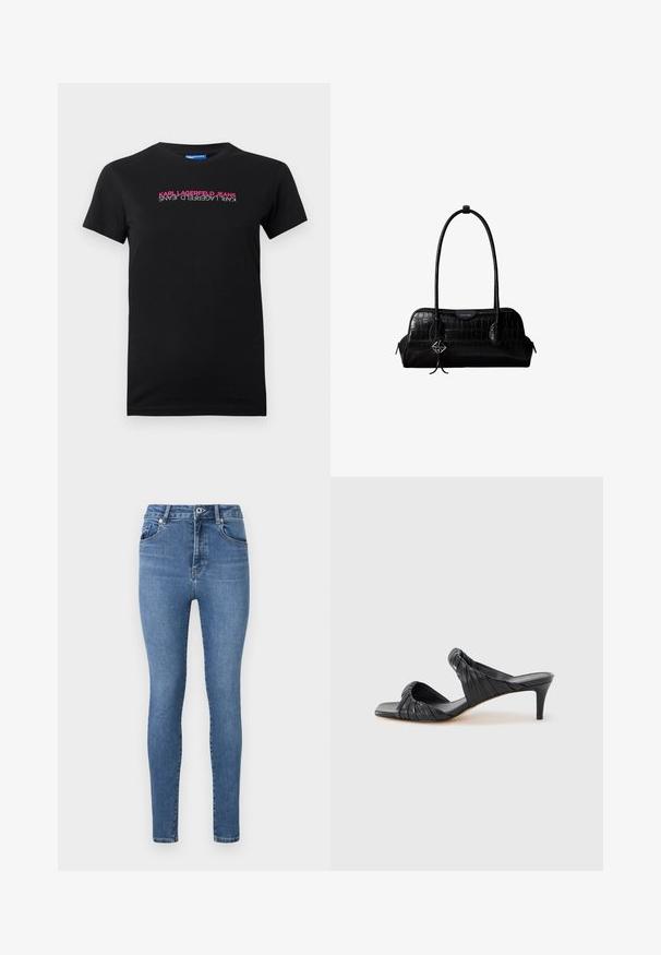 Mustmust värvi puuvillane T-särk lühikeste varrukatega, millel on horisontaalne logo roosa ja valge tekstiga, mis ütleb "KARL LAGERFELD JEANS."; Keskmise sinise denimiga skinny teksad, millel on kõrge vöökoht, viie taskuga disain ja peened tikandid taskutel ja õmblustes.; Mustad nahast sandaalid ruudukujulise varbaga ja kontsaga. Omavad kokkutõmmatud rihmasid ja õhukest kontsa lisakõrguse jaoks.; Mustast krokodillinahast õlakott pikkade rihmade ja ühe rihma peal väikese hõbedase logoga ripatsiga.