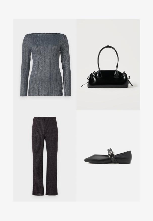 Top de manga larga ajustado en oscuro azul marino con textura de canalé vertical y sutiles hilos metálicos. Escote cuadrado. Tejido suave y elástico.; Pantalones negros acanalados con una cintura elástica, que cuentan con un corte de pierna recta y sutiles destellos iridiscentes por todo el tejido texturizado.; Zapato plano de cuero negro con punta afilada, correa lateral con hebilla plateada y tacón bajo. Textura suave y diseño minimalista.; Pequeño bolso negro brillante con dos asas largas y detalles de cordón lateral sobre un fondo claro liso.