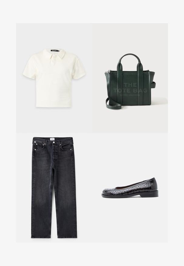 Hvid poloshirt med korte ærmer, to knapper og krave, vist på en ensfarvet lys baggrund.; Sorte denimjeans med lige pasform, fem lommer, sølvhardware og en let falmet tekstur. Klassisk design med minimal detaljering.; Svarte ballet flats i laklæder med perforeret design, rundet tå og lav blokhæl. Har kontrastsyninger og glat tekstur.; Mørkegrøn lædertaske med korte håndtag, lang skulderrem og sølv lynlåsdetalje.