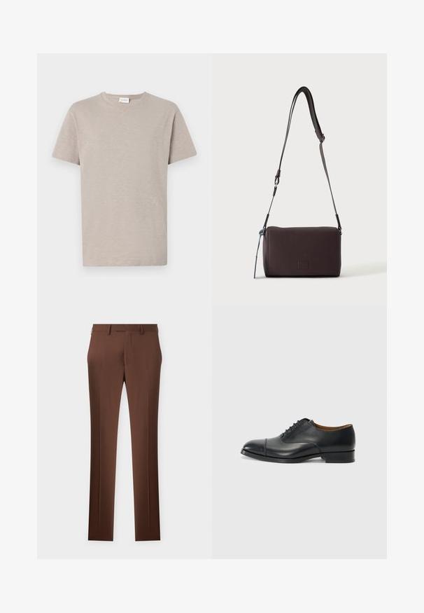 T-shirt beige clair à manches courtes en tissu doux et texturé. Il présente un col rond et un discret logo près de l'ourlet.; Pantalon habillé marron sur mesure avec passants de ceinture et fermeture éclair devant, sur fond blanc.; Chaussure habillée en cuir noir avec une finition lisse, bout arrondi, cinq œillets pour les lacets et un petit talon carré. Design minimaliste avec des coutures discrètes.; Sac bandoulière en cuir marron foncé texturé avec une sangle réglable et un petit accent décoratif bleu sur le côté.