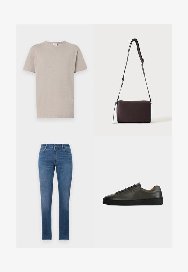 T-shirt beige clair à manches courtes en tissu doux et texturé. Il présente un col rond et un discret logo près de l'ourlet.; Jeans en denim bleu coupe droite avec fermeture à bouton à l'avant, fermeture éclair et cinq poches, affichés sur un fond blanc.; Basket basse en cuir gris foncé avec lacets et semelle noirs, design minimaliste, profil latéral sur un fond clair uni.; Sac bandoulière en cuir marron foncé texturé avec une sangle réglable et un petit accent décoratif bleu sur le côté.