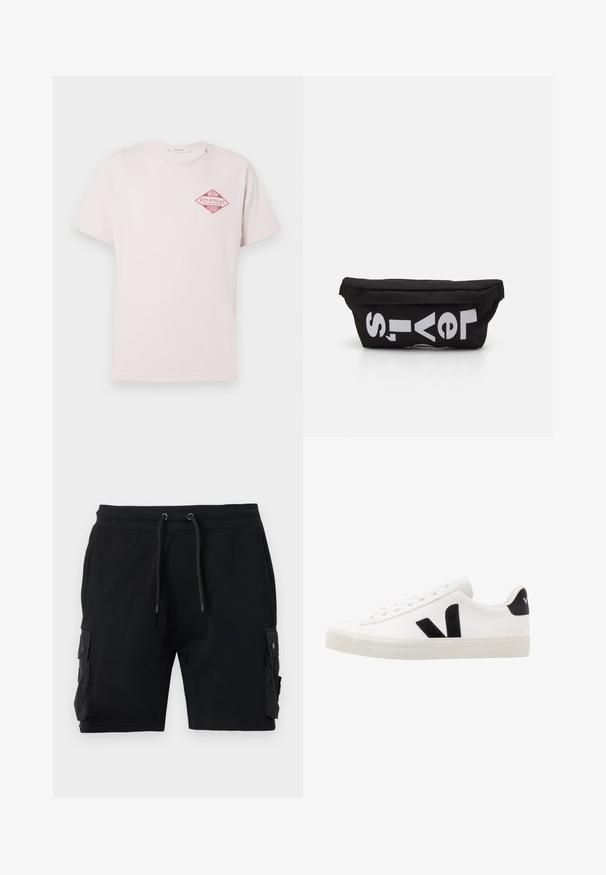 Lyserød T-shirt med korte ærmer og en rød diamantformet grafik med teksten "Miami Replay Palace Florida" på den øverste venstre bryst.; Sort cargo shorts lavet af en bomuldsblanding, med to sidelommer, justerbar talje med snor og en glat tekstur.; Hvide lædersneakers med sorte ruskindsdetaljer; har en gummisål, rund tå og klassisk snørebåndsdesign. Side logo i sort.; Sort stoftaske med flad form, prydet med fed hvid tekst. Lynlåsen er placeret øverst, med en løkke detalje på den ene side.