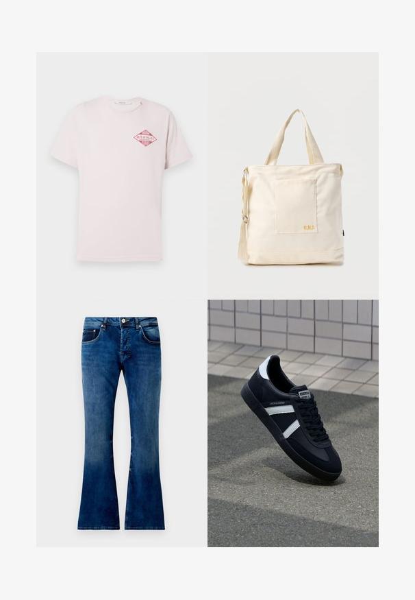 Lyserød T-shirt med korte ærmer og en rød diamantformet grafik med teksten "Miami Replay Palace Florida" på den øverste venstre bryst.; Udsvingede blå denim jeans med en mellemwash, der har fem lommer, en knaplukning og synlig syning. Glat tekstur med let falmning.; Sort lædersneaker med hvide striber, tekstureret gummisål og snørrebånd foran. Har et brandet mærke på tungen.; Kremfarvet lærredstote-taske med frontlomme, to håndtag, justerbar skulderrem og lille gul "O.N.S" tekst i nederste højre hjørne af lommen.