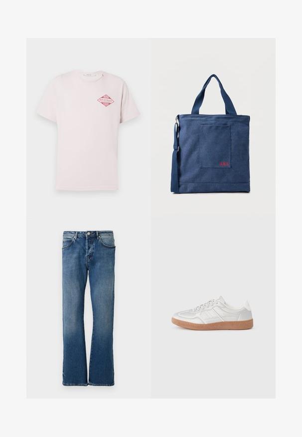Hellrosa T-Shirt mit kurzen Ärmeln und rotem, rhombusförmigem Aufdruck mit der Aufschrift "Miami Replay Palace Florida" auf der oberen linken Brust.; Helle blaue Jeans aus Denim mit geradem Bein, ausgestattet mit fünf Taschen, einem Knopfverschluss und subtilen Ausbleichungen auf dem Stoff.; Silberne Sneakers mit glatter Textur, Schnürdesign, durchbrochenen Akzenten und einer strukturierten braunen Gummisohle.; Blauer Canvas-Einkaufstasche mit Vordertasche und roter "O.N.S" Stickerei, ausgestattet mit zwei Griffen und einem verstellbaren Schulterriemen.