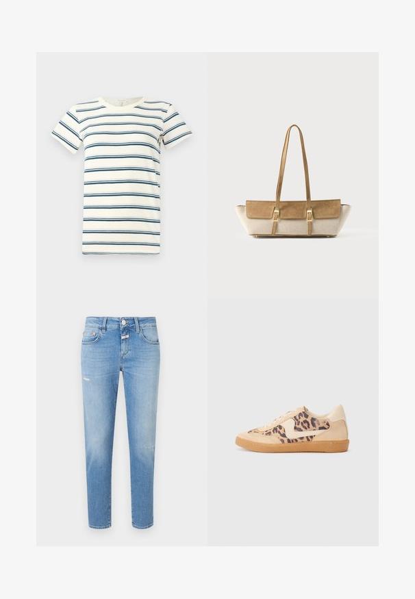 Stribet t-shirt med skiftende blå og mørkeblå striber på en crème baggrund, med rund halsudskæring og korte ærmer. Blødt stof.; Lys blå denim jeans med slim fit, der har en knaplukning, let slid, og traditionelt fem-lomme design.; Leopardprint sneakers med beige ruskindsoverdel, tan gummisål og hvide detaljer. Rund pegefinger og snørebåndsdesign med en tekstureret finish.; Beige og tan rektangulær skuldertaske med ruskindsklap, to guldbeslag, lange tynde stropper og brede stofsider på hvid baggrund.
