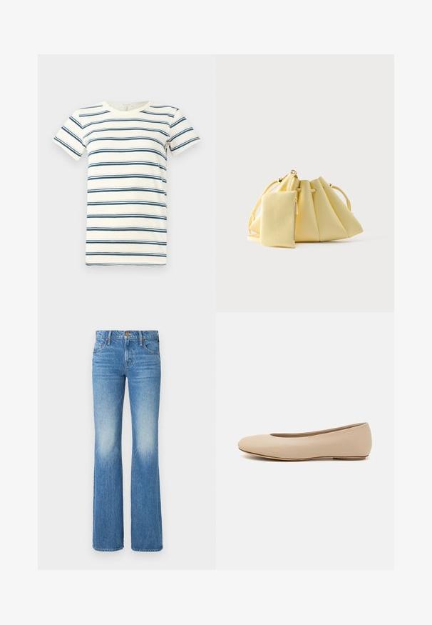 Stribet t-shirt med skiftende blå og mørkeblå striber på en crème baggrund, med rund halsudskæring og korte ærmer. Blødt stof.; Lysblå fritidsbukser lavet af denim med et falmet design, fem-lomme stil og en knap- og lynlåslukning foran.; Beige læder balletflade med afrundet tå, minimal sømdetaljering, lav hæl og subtilt logo på bagsiden. Glat, mat tekstur.; Blød gul håndtaske med snørelukning og en tilhørende lille lynlås-pung, sat mod en ensfarvet hvid baggrund.