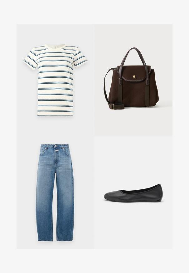 Stribet t-shirt med skiftende blå og mørkeblå striber på en crème baggrund, med rund halsudskæring og korte ærmer. Blødt stof.; Lysblå denim jeans, højtaljet, med lige ben. Har klassisk fem-lomme design og metalknaplukning.; Sort læderballetsko med rund tå, glat tekstur, minimal syning og et fleksibelt såldesign.; Mørkebrun filttaske med læderhåndtag, frontklap med guldknap og justerbar skulderrem på en lys baggrund.