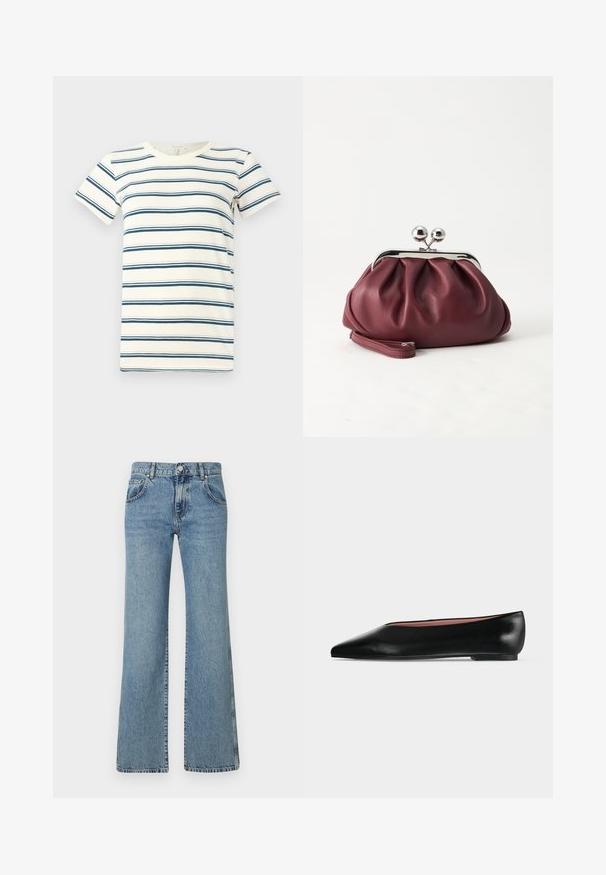 Stribet t-shirt med skiftende blå og mørkeblå striber på en crème baggrund, med rund halsudskæring og korte ærmer. Blødt stof.; Lyseblå, flagrende jeans i denimstof med en talje med knaplukning, fem lommer og et klassisk syet design.; Sort damesko i læder med flad hæl og spids tå, vist fra siden på en ensfarvet lys grå baggrund.; Lille bordeauxlæder clutch-pung med sølv metal lukning og håndledsrem på hvid baggrund.