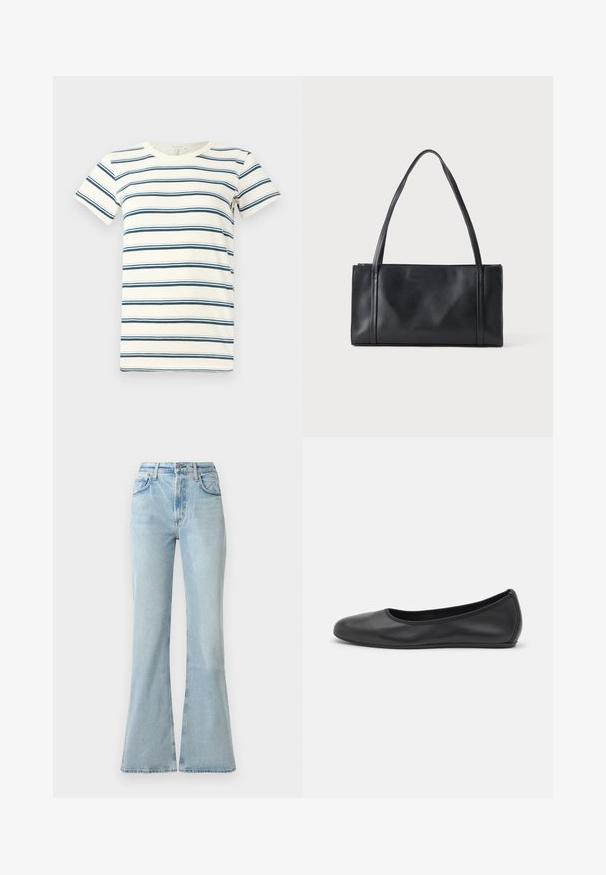 Stribet t-shirt med skiftende blå og mørkeblå striber på en crème baggrund, med rund halsudskæring og korte ærmer. Blødt stof.; Lys blå denim flare jeans med høj talje, der har forlommer, knaplukning og en let slidt tekstur.; Sort læderballetsko med rund tå, glat tekstur, minimal syning og et fleksibelt såldesign.; Sort rektangulær lædertaske med to tynde skulderremme mod en ensartet lys baggrund.