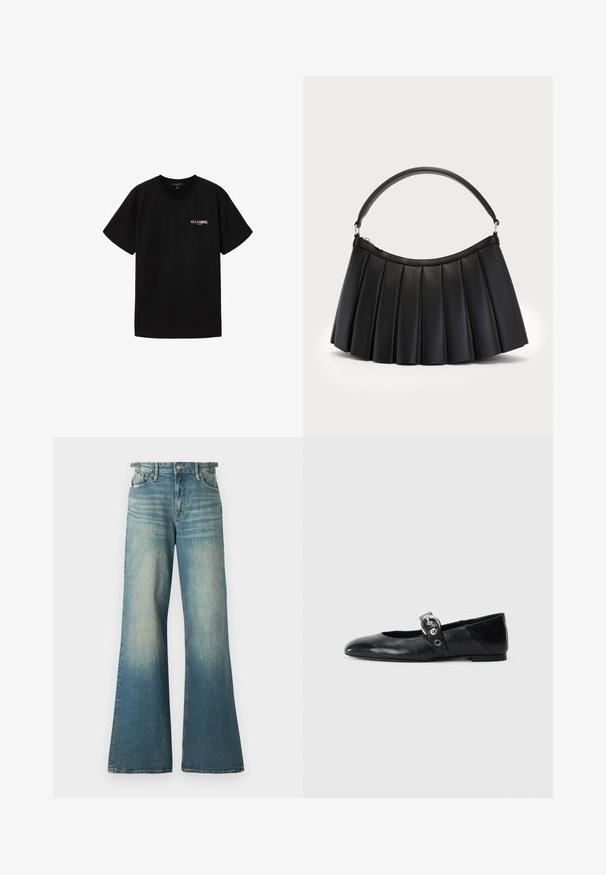 T-shirt noir à manches courtes avec col rond et petit logo "ALLSAINTS LONDON" blanc et rouge sur le côté gauche de la poitrine.; Good American GOOD EASE ADJUSTABLE TABS - Wide Leg - indigo; Ballerines en cuir noir avec un bout pointu, dotées d'une sangle avec une boucle métallique circulaire et d'une semelle plate.; Sac noir plissé en simili cuir, avec une anse incurvée et une fermeture éclair sur le dessus. Texture lisse avec un design structuré.