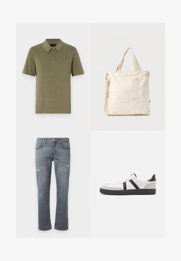 Olivgrünes Poloshirt mit kurzen Ärmeln, ausgestattet mit einem Reißverschluss-Kragen, strukturierter Stoff und geradem Saum. Einfaches und klares Design.; Graue Denim-Jeans mit geradem Bein, leichtem Distressing an den Knien und klassischem Fünf-Taschen-Design. Knopfverschluss an der Taille.; Weiße Sneaker mit schwarz- und grau-aczenten, ausgestattet mit einer strukturierten grauen Zehenkappe, schwarzer Gummi-Sohle und flachen weißen Schnürsenkeln. Sauberes Design, minimalistische Stil.; Beige Canvas-Shopper mit Fronttasche, zwei Griffen, verstellbarem Schulterriemen und kleinem gelbem "O.N.S"-Text unten rechts auf der Tasche.