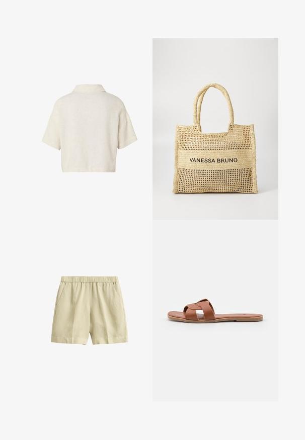 Camiseta corta de manga corta color crema con cuello ancho, vista desde atrás sobre un fondo blanco.; Pantalones cortos beige casuales con cintura elástica y bolsillos laterales, diseñados para la comodidad y el uso diario.; Sandalias planas marrones hechas de cuero suave con un diseño de tiras cruzadas, que cuentan con una suela plana y un estilo minimalista.; Bolso tote tejido en color beige con dos asas y "VANESSA BRUNO" impreso en negro sobre un panel tejido sólido en el centro.