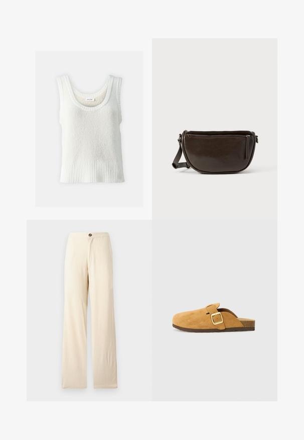Hvid ærmeløs tanktop lavet af tekstureret strikket stof. Har en rund halsudskæring og ribbet kant. Simpelt design uden mønstre eller pynt.; Beige, vidde bukser lavet af letvægtsstof. Har en frontknap-lukning og lige kanter. Glat tekstur med minimale syninger.; Brune ruskind klipklapper med en sidelås og detaljer i guld. Flad sål med tekstureret finish, åben bag og rundt tådesign.; Brun læder crossbody-taske med en afrundet form, der har en lynlås lukning øverst og en sidelomme med lynlås. Glat tekstur med mat finish.