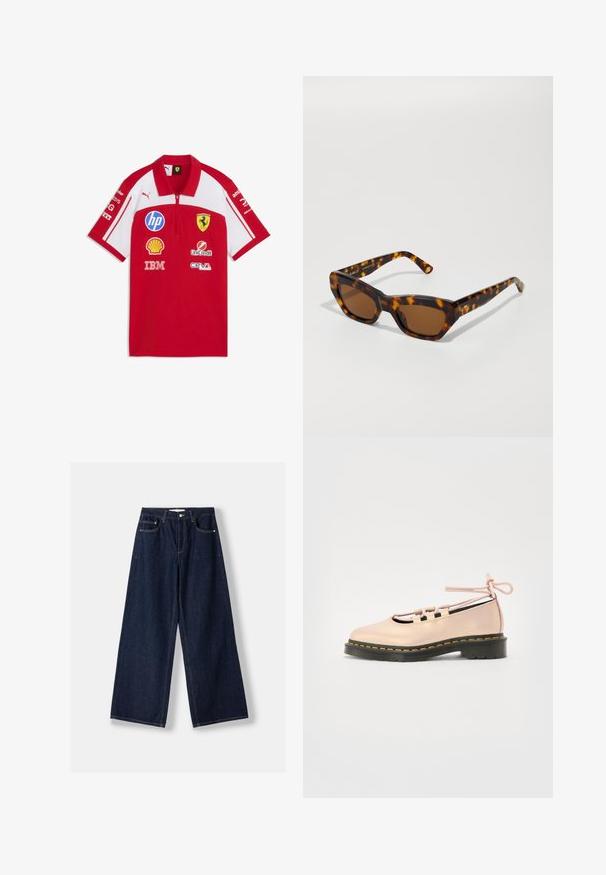 Rotes und weißes Ferrari-Poloshirt mit Puma-Logo und Sponsorlogos darunter HP, Shell, IBM, UniCredit und Ceva Logistics.; Dunkelblaue Jeans mit weitem Bein, vorderer Knopf- und Reißverschluss, vorderen Taschen und Gürtelschlaufen, flach auf weißem Hintergrund ausgelegt.; Helle rosa Leder-Schuh mit runder Zehenpartie, Schnürdetails und einer schwarzen Plattformsohle, die mit gelben Nähten akzentuiert ist.; Schildpatt-Sonnenbrille mit rechteckigem Rahmen, braunen Gläsern und strukturierten Bügeln. Mit markenlogo, das auf dem Bügel eingraviert ist.