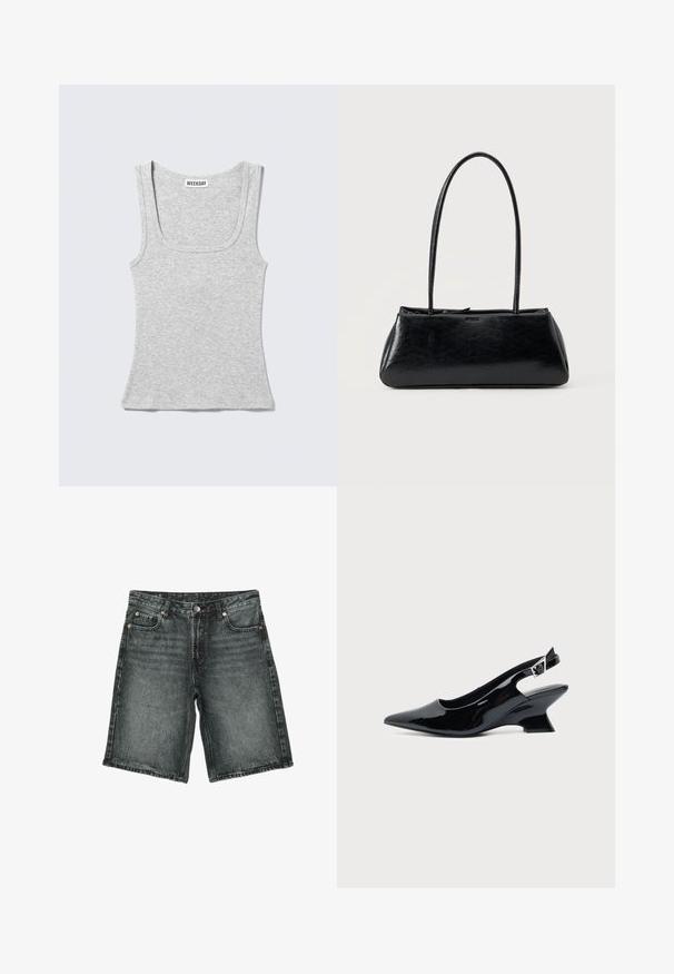 Débardeur sans manches gris clair côtelé avec encolure dégagée et étiquette "WEEKDAY" à l'intérieur du col.; Short en denim noir délavé avec bouton devant, fermeture éclair, passants de ceinture et design à cinq poches, posé à plat sur fond blanc.; Chaussure slingback en cuir verni noir avec bout pointu et petit talon bloc incliné sur fond clair uni.; Sac à épaule rectangulaire noir avec de longues bretelles fines et une texture lisse et brillante sur un fond uni.