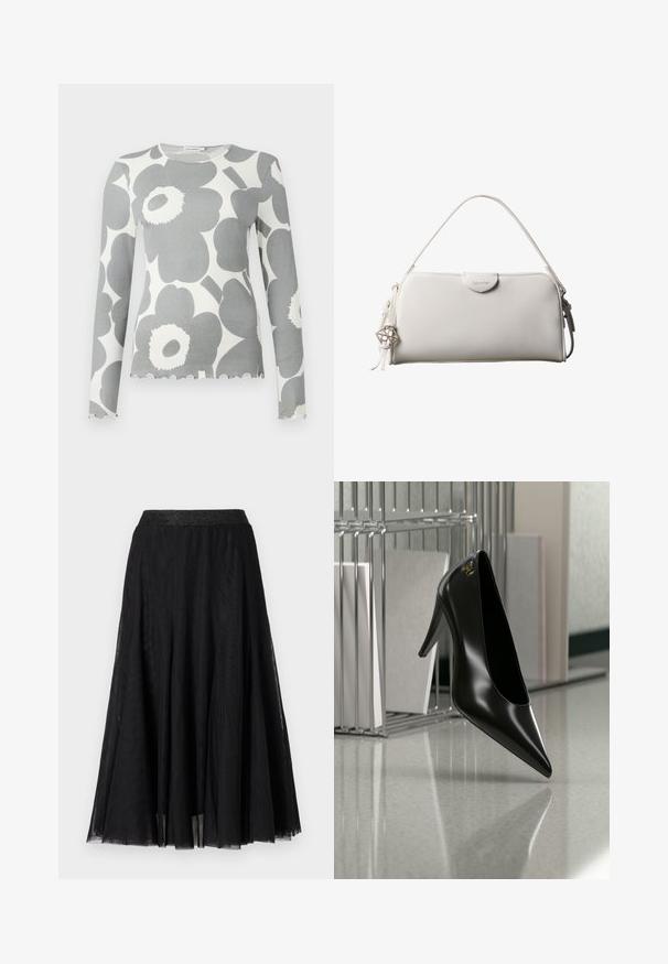 Langærmet ribbet top i grå med store hvide blomster mønstre, med en bølget kant og rund halsudskæring.; Sort maxi-skirt med et struktureret, flydende design. Har en bred, glitrende talje og et lagdelt, gennemsigtigt stof for en yndefuld fremtoning.; Sort højhælet sko med spids tå og guldlogo, placeret på en reflekterende overflade nær en krom trådfilholder med dokumenter.; Hvid rektangulær Calvin Klein håndtaske med enkelt håndtag, minimalistisk design og dekorative kvaster med geometrisk metalvedhæng på siden.
