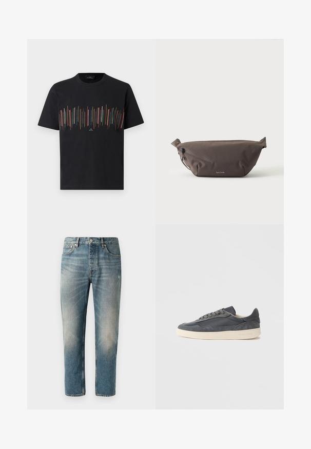 Sort T-shirt med korte ærmer og farverige lodrette striber på tværs af brystet samt lille hvid tekstlogo under mønsteret.; Lyseblå denimbukser med lige snit. Har en knaplukning, fem lommer og subtile falmede områder samt slidser ved lårene.; Mørkegrå sneakers lavet af læder og ruskind med lavt snit, med en cremefarvet gummisål og flade snørebånd.; Mørkebrun stof talje taske med diagonalt lynlåslomme og lille hvidt logo på fronten, sat mod en ensfarvet lys baggrund.