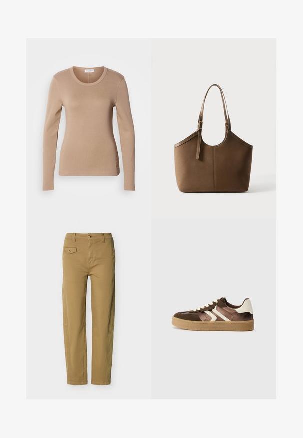Haut à manches longues en beige clair, avec un col rond et une coupe slim. Fabriqué en tissu doux et extensible avec une texture subtile. Détail du logo sur l'ourlet.; Pantalon droit couleur kaki avec fermeture à bouton et fermeture éclair, passants pour ceinture et petite poche à rabat avec bouton sur le côté avant gauche.; Baskets marron et crème en combinaison de daim et de satin, avec trois bandes diagonales et une semelle en gomme texturée.; Sac cabas en cuir marron avec bandoulière ajustable et boucle dorée, texture lisse, présenté sur fond blanc uni.